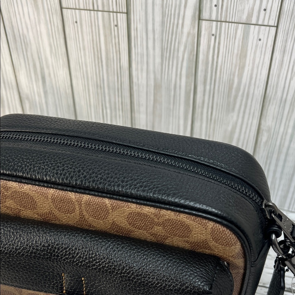 Coach Signature Canvas Brown Black Leather Trim Crossbody Bag - Picture 13 of 14